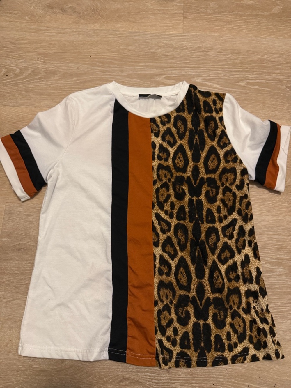 SHEIN White, Brown & Black Leopard Block Short Sleeve Tee